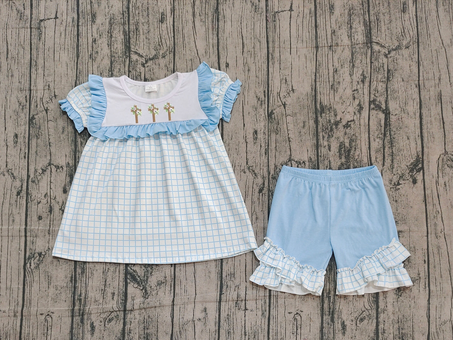 Easter embroidery cross blue plaid kids girls holiday outfit preorder