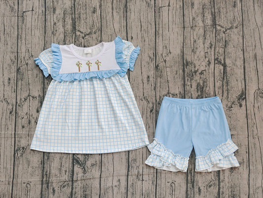 Easter embroidery cross blue plaid kids girls holiday outfit preorder