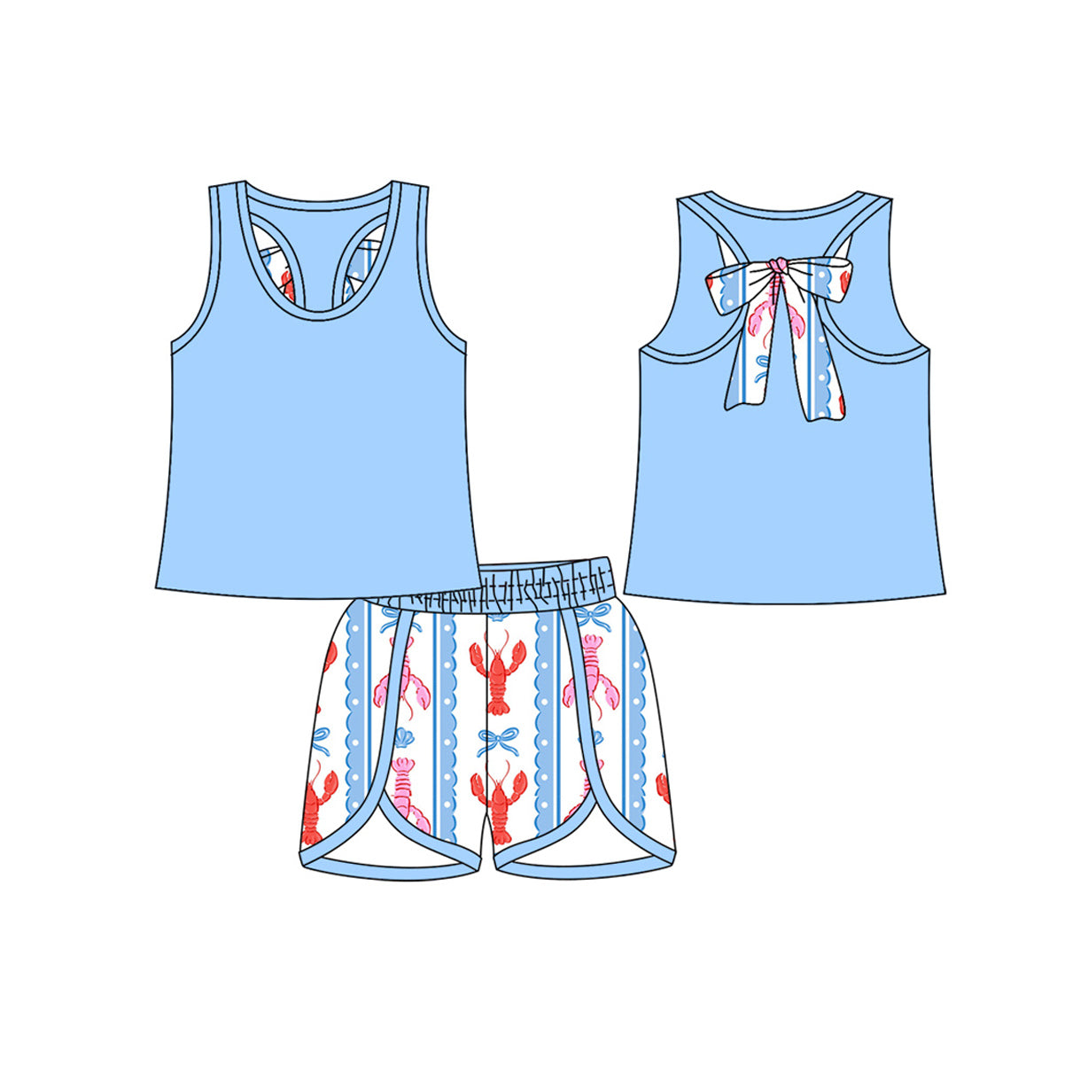 Girls blue tank top crawfish shorts summer outfit preorder