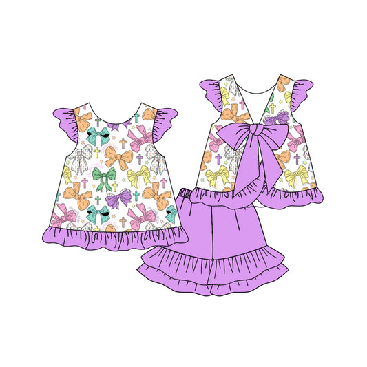 Girls easter cross bow top lavender shorts summer outfit preorder