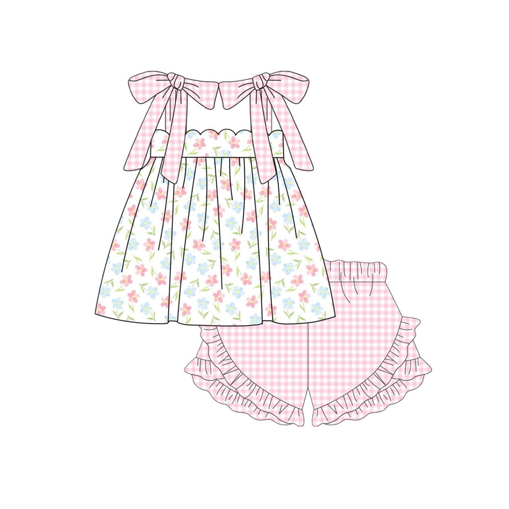 pink blue floral top plaid shorts girls summer outfit preorder