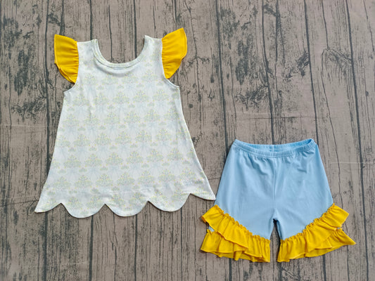 Blue bow floral shirt matching shorts girls summer outfit preorder