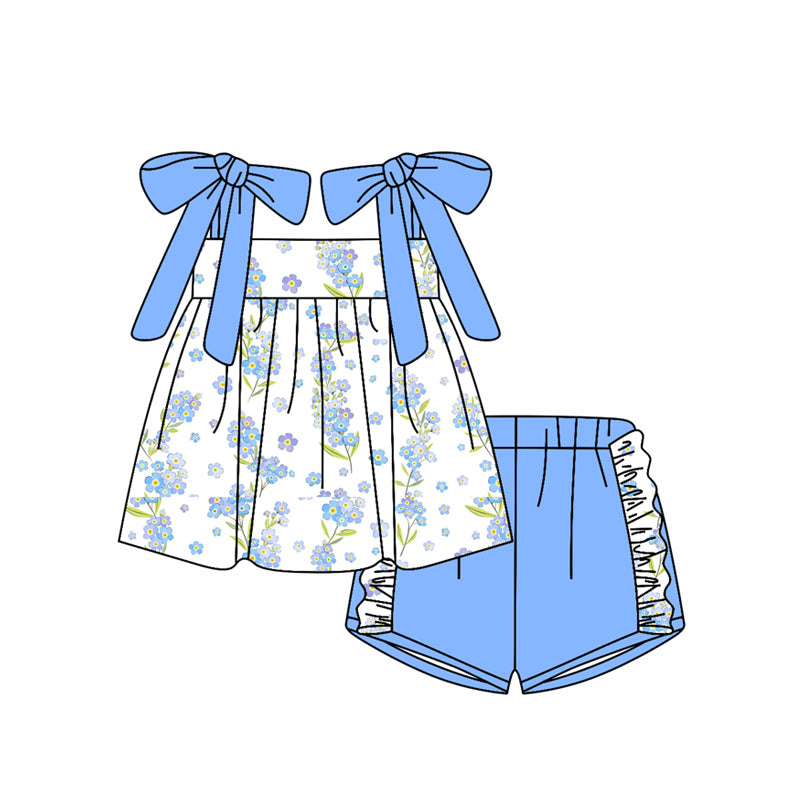Blue floral shirt matching shorts girls summer outfit preorder