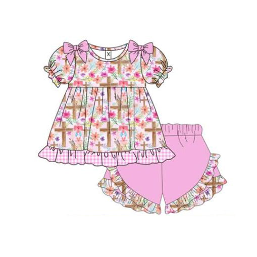 Cute  easter cross floral shirt matching shorts girl outfit preorder