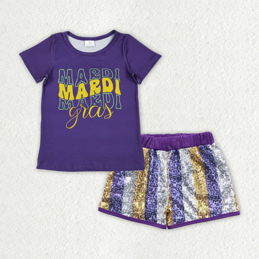 RTS NO MOQ mardi gras shirt matching sequins shorts girls outfit