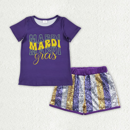 RTS NO MOQ mardi gras shirt matching sequins shorts girls outfit