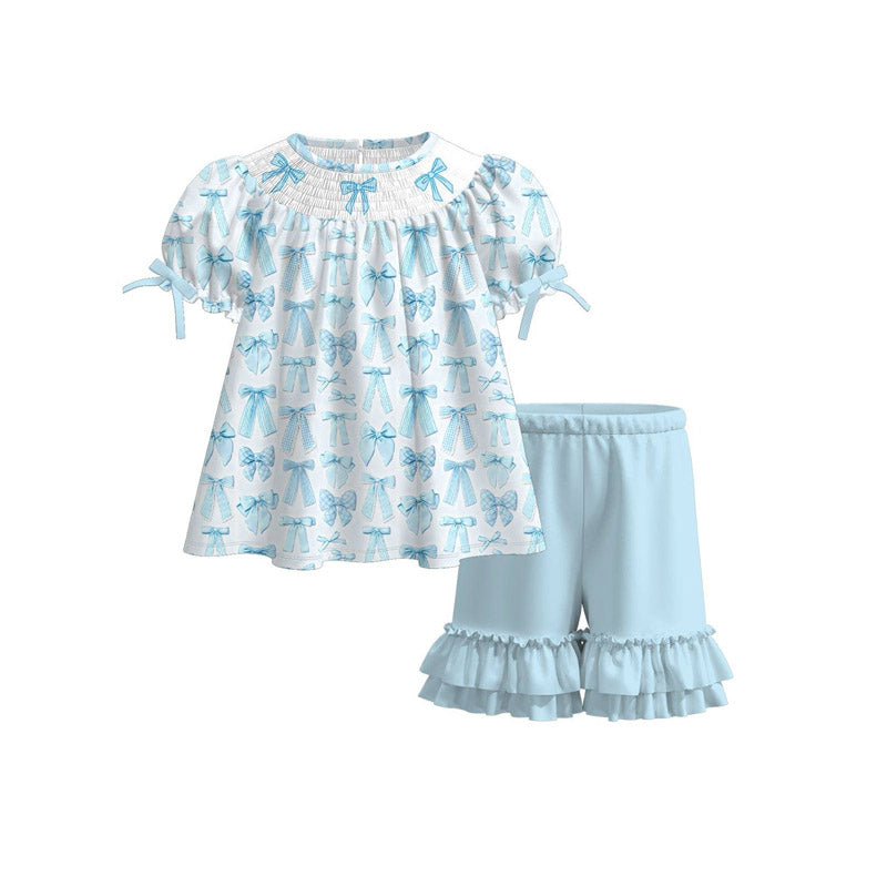 Blue bow top matching shorts girls summer outfit preorder