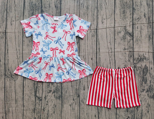 Red pink bow July 4th design top matching shorts girls summer outfit preorder