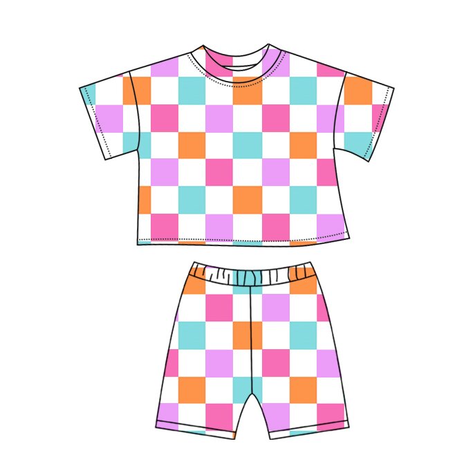 Colorful checkered top matching shorts girls summer outfit preorder