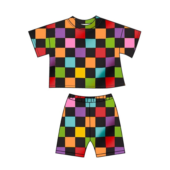 Colorful checkered top matching shorts girls summer outfit preorder