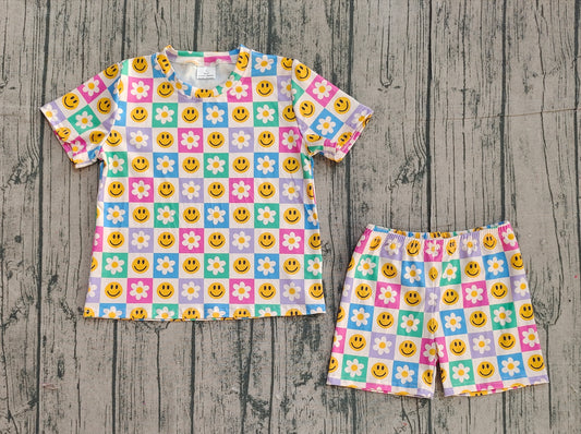 Smile face flowers top matching shorts girls summer outfit preorder