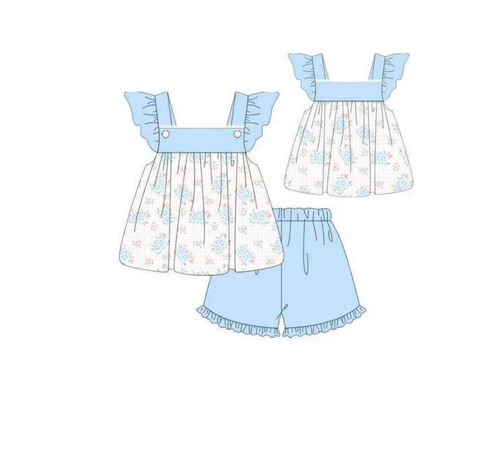 Blue floral top matching shorts girls summer outfit preorder