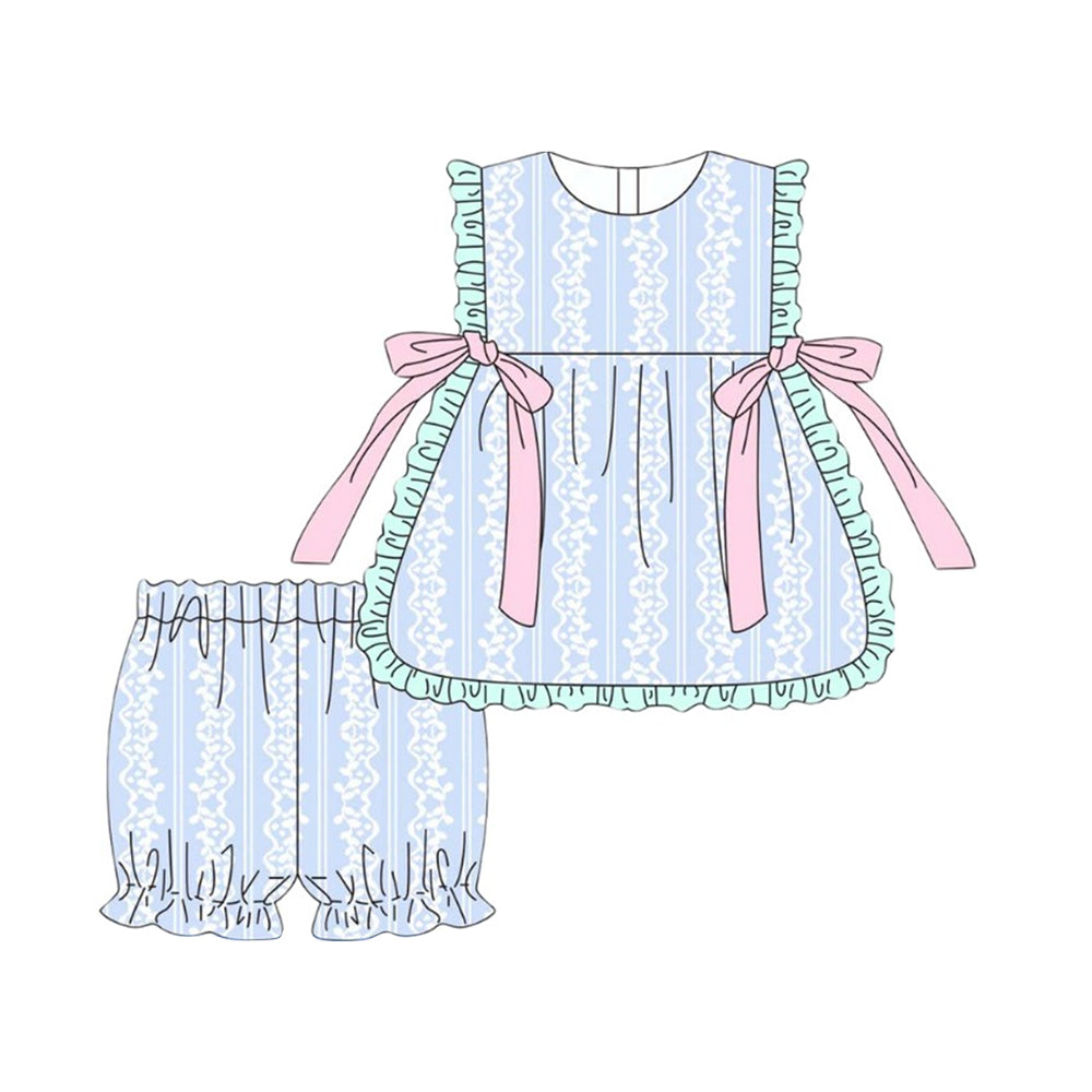 Blue floral top matching shorts girls summer outfit preorder