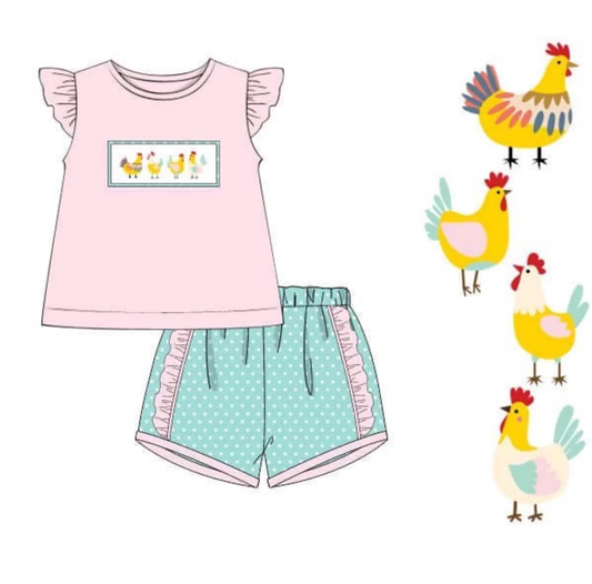 Farm chicken top matching shorts girls summer outfit preorder