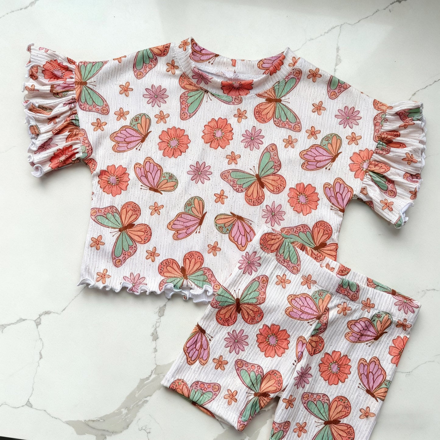 Butterfly flowers top matching shorts girls summer outfit preorder