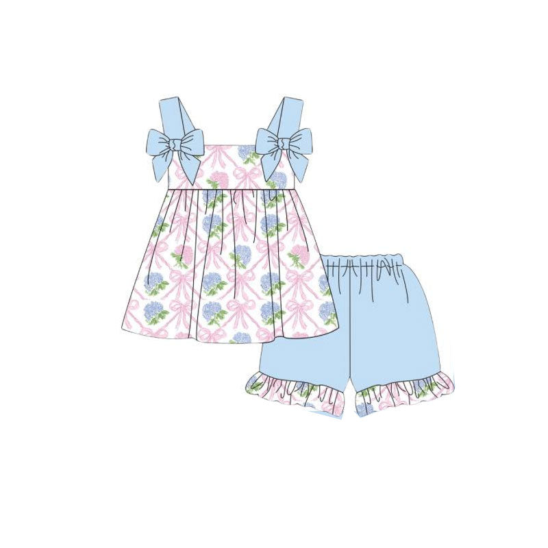 Blue floral pink bow top matching shorts girls summer outfit preorder