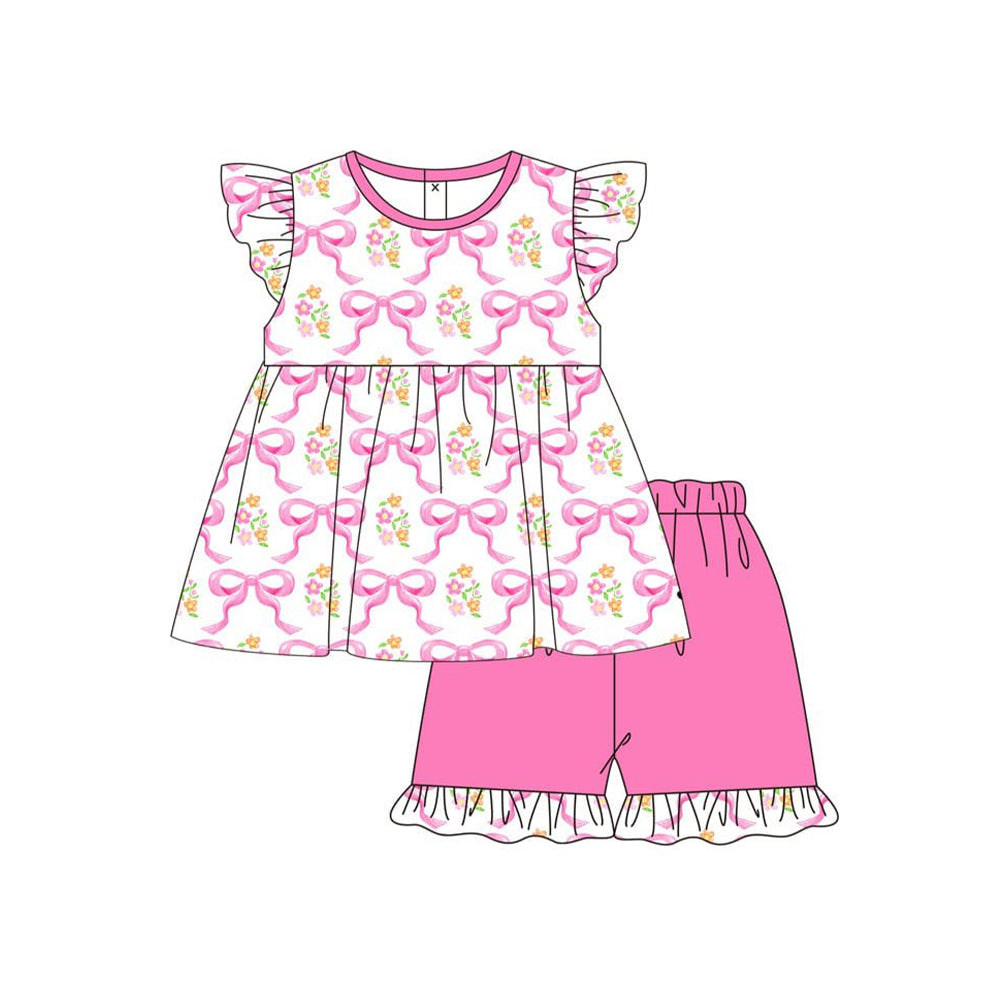 Pink bow design top matching shorts girls summer outfit preorder