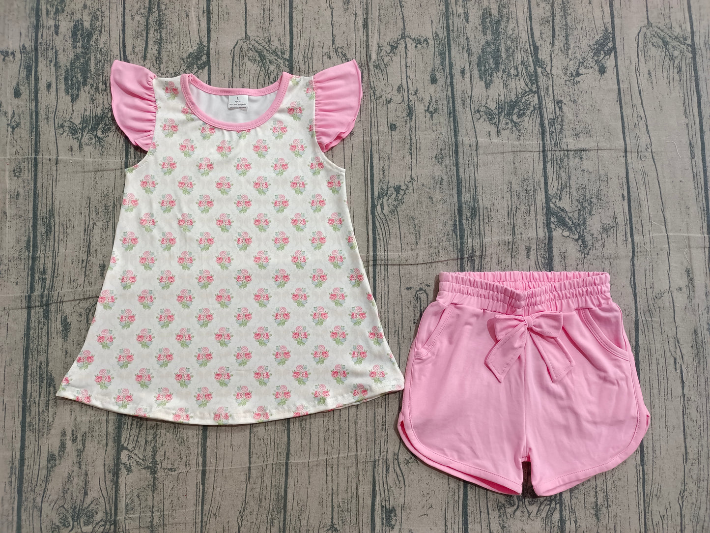 Pink Flowers design top matching shorts girls summer outfit preorder