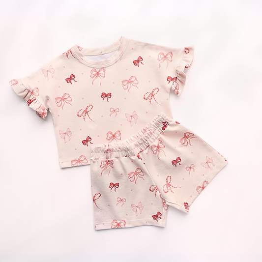 Red bow top matching shorts girl summer outfit preorder