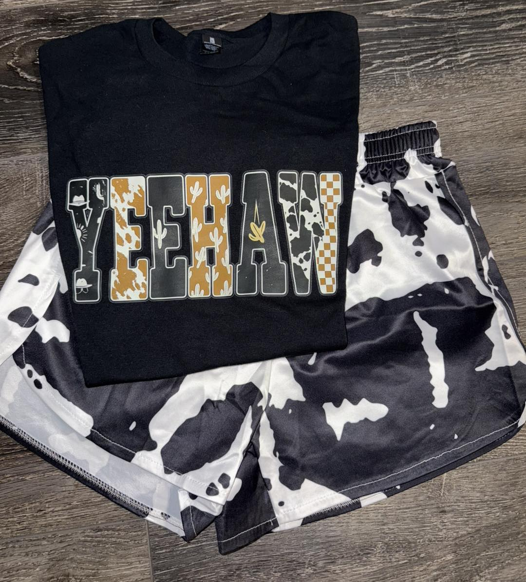 Adult Women letter top cow print shorts outfit preorder