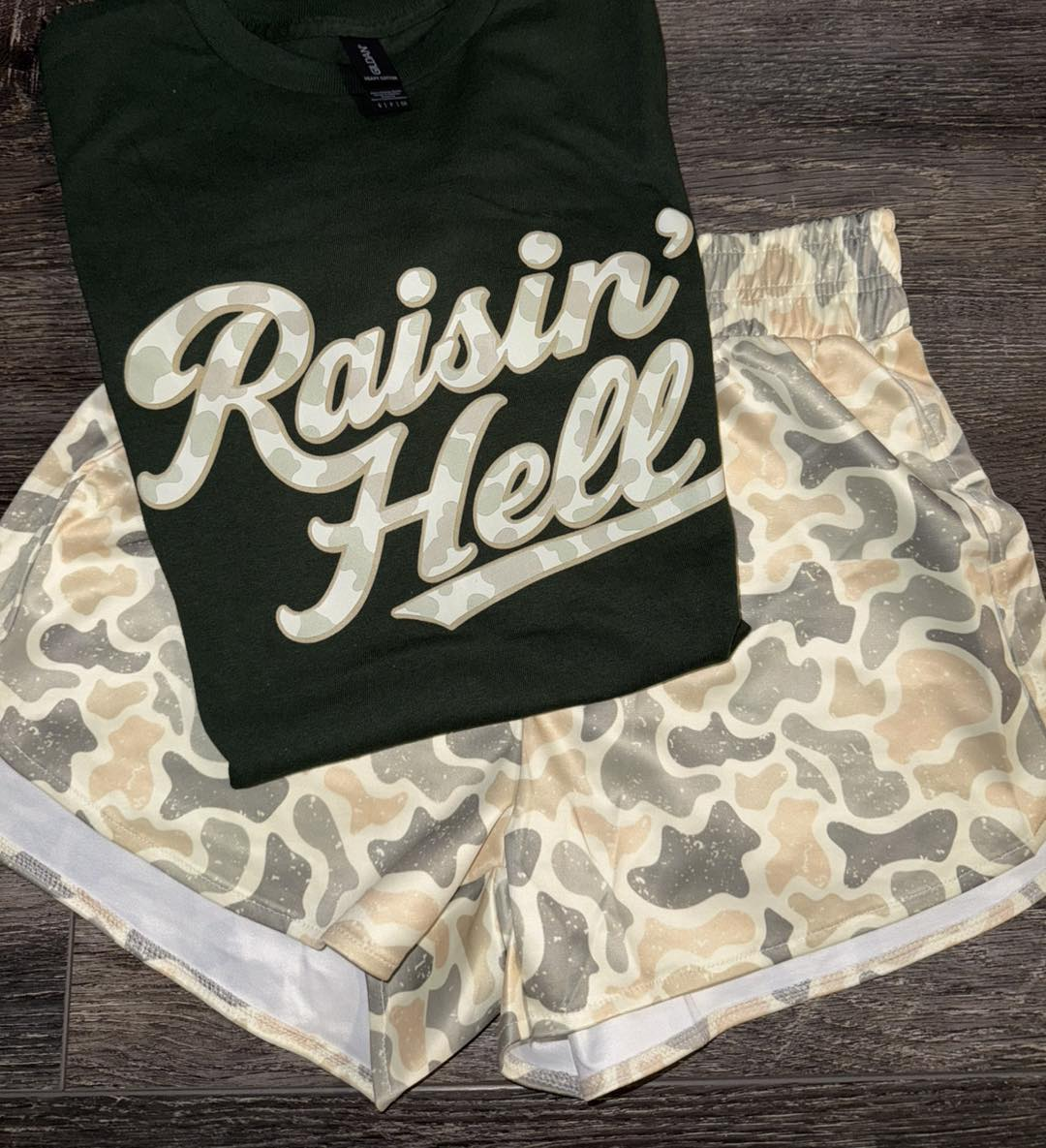 Adult Women letter top camo print shorts outfit preorder