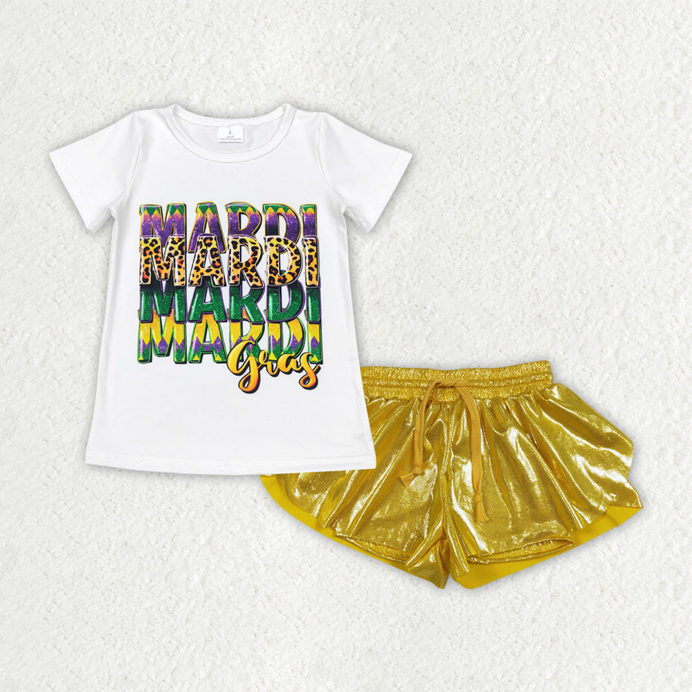Baby girls mardi gras shirt matching leather shorts outfit