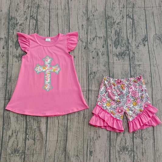 Easter floral cross embroidery top matching shorts girl summer outfit preorder