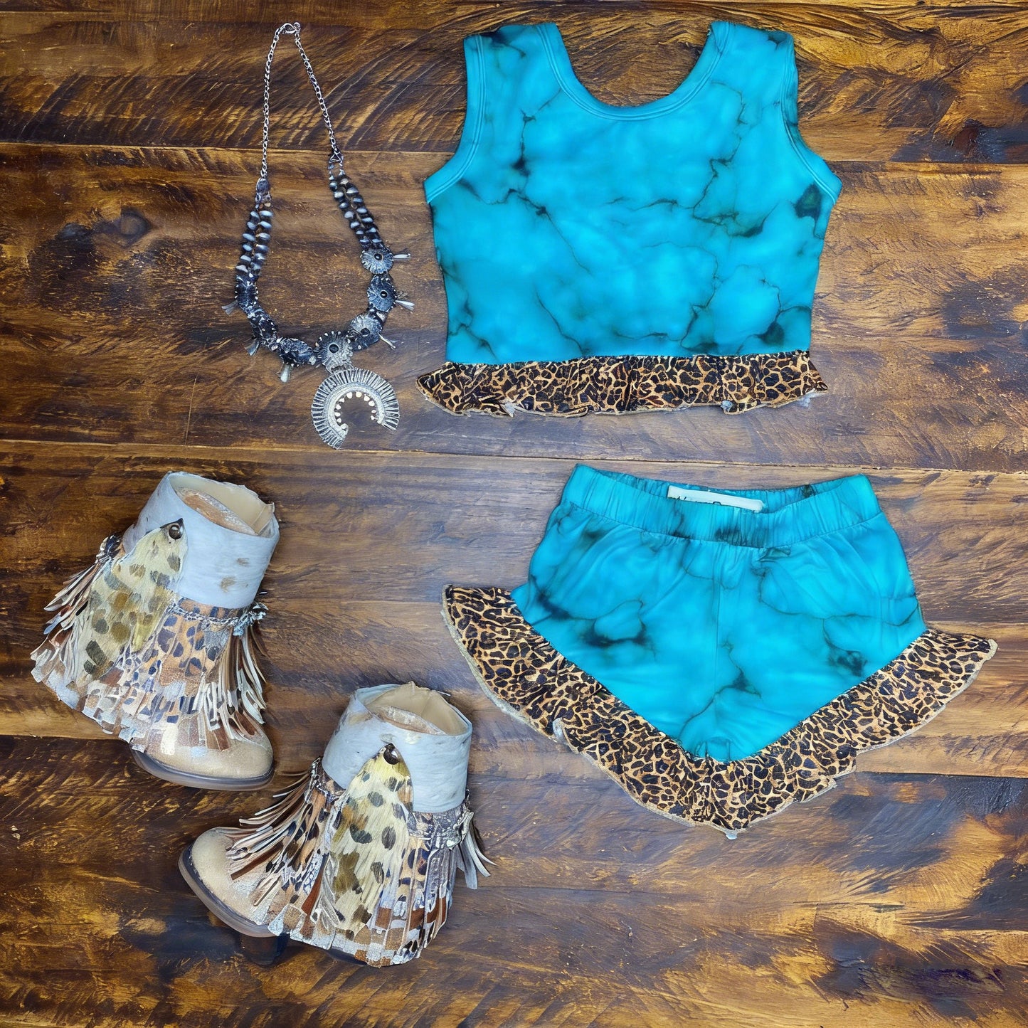 Western turquoise top matching short girl summer outfit preorder