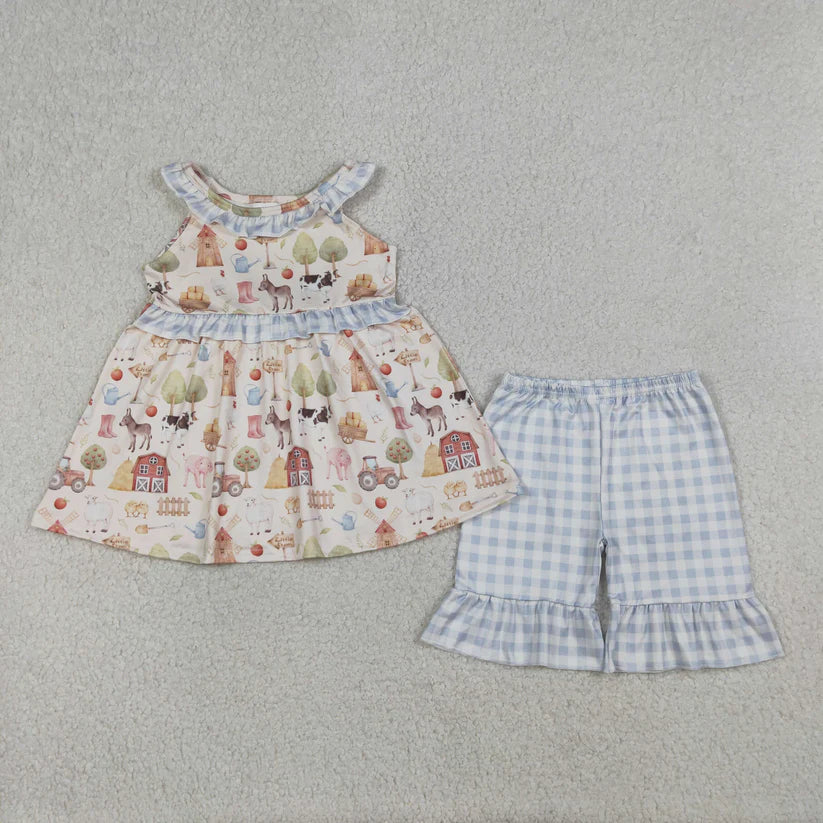 Farm animal tractor top matching shorts girls summer outfit