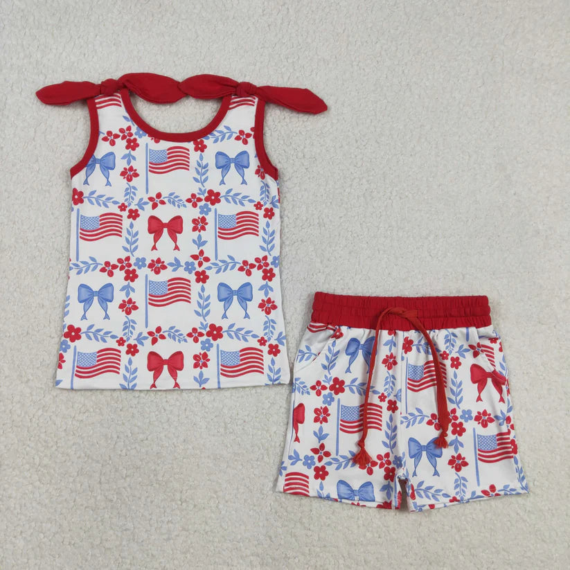 July 4th red bow top matching shorts girls outfit