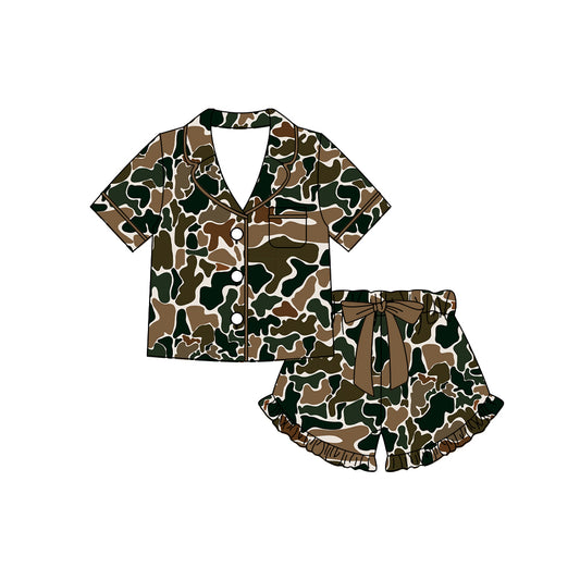 Dark brown camo top matching shorts girls pajama set preorder