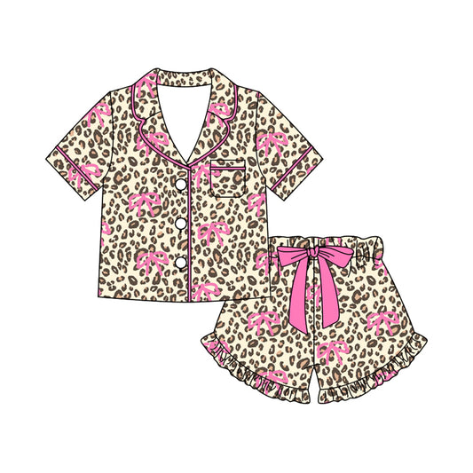 Pink bow leopard top matching shorts girls pajama set preorder