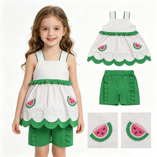 Girls embroidery watermelon top matching shorts girls summer outfit