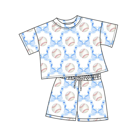 Toddle baby girl blue bow baseball summer outfit preorder