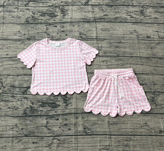 Pink plaid color toddle baby girls summer outfit preorder