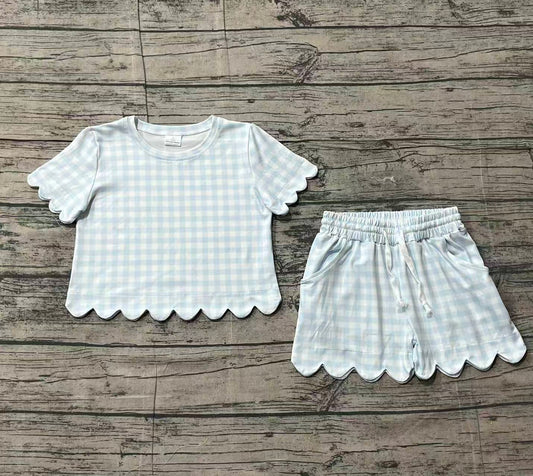 Blue plaid color toddle baby girls summer outfit preorder