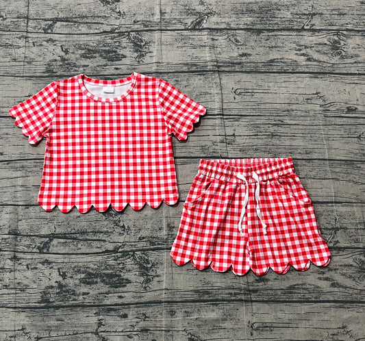 Red plaid color toddle baby girls summer outfit preorder