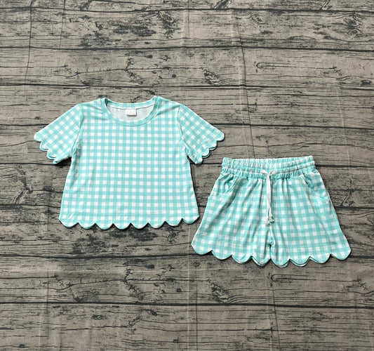 Blue plaid color toddle baby girls summer outfit preorder