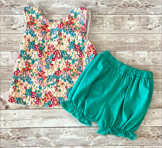 Blue red Flowers top matching shorts toddle baby girls summer outfit preorder