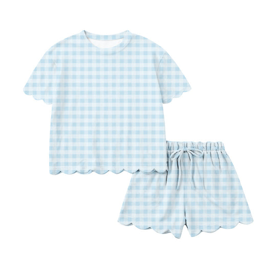 Adult women blue plaid short sleeve outfit preorder