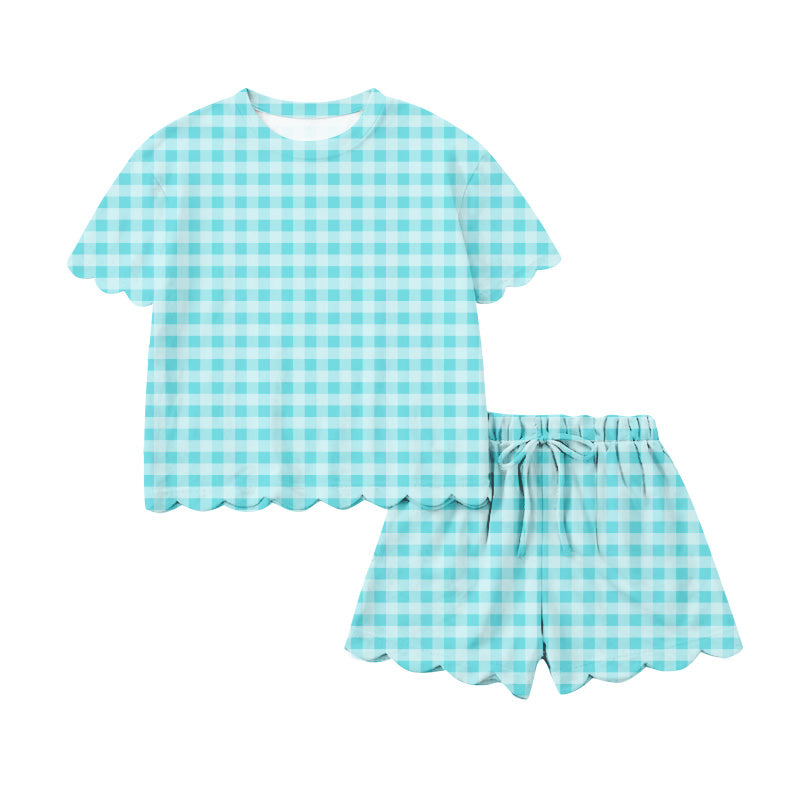 Adult women blue plaid short sleeve outfit preorder