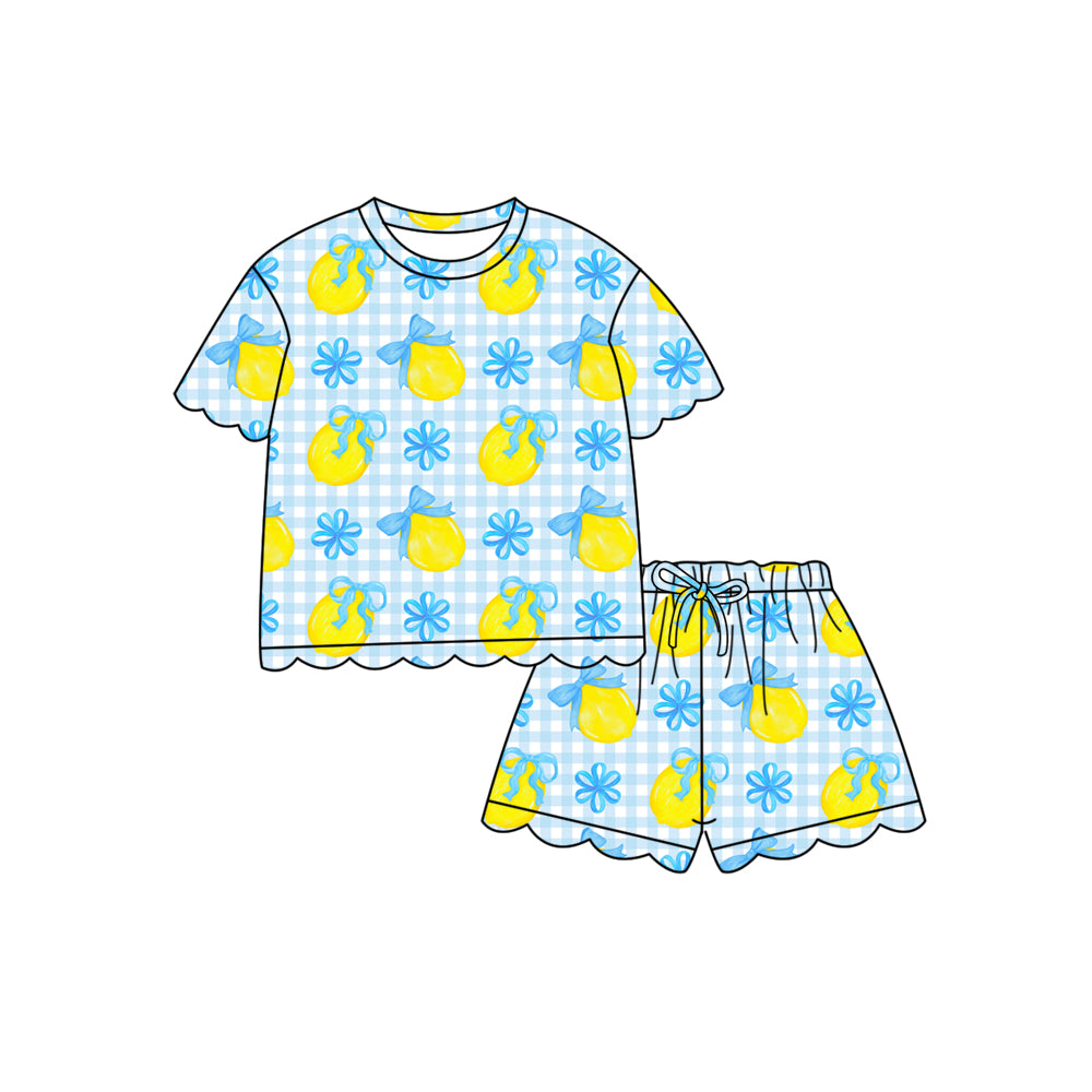 Blue bow lemon print toddle girls holiday outfit preorder