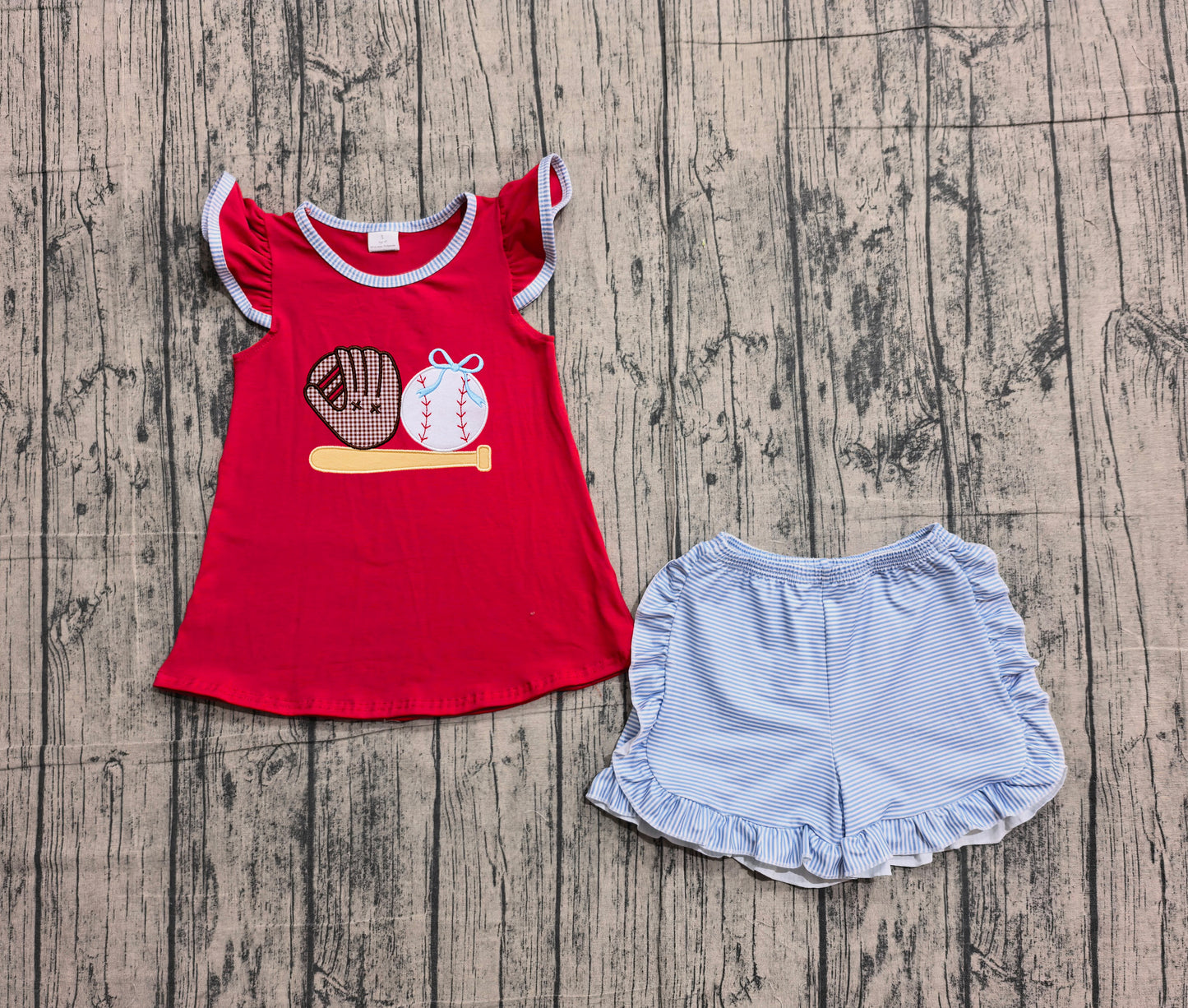 Embroidery Baseball print toddle girls summer outfit preorder