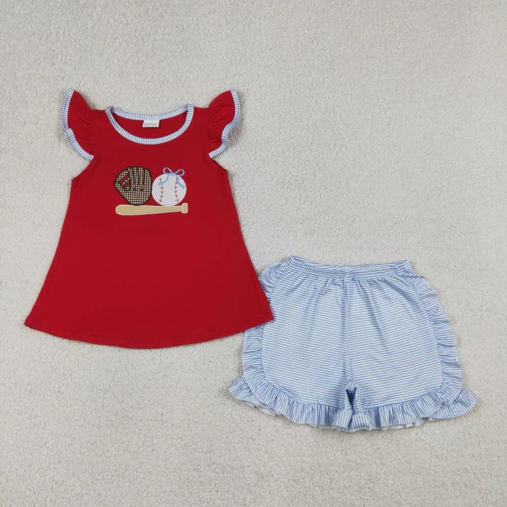 Embroidery Baseball print toddle girls summer outfit