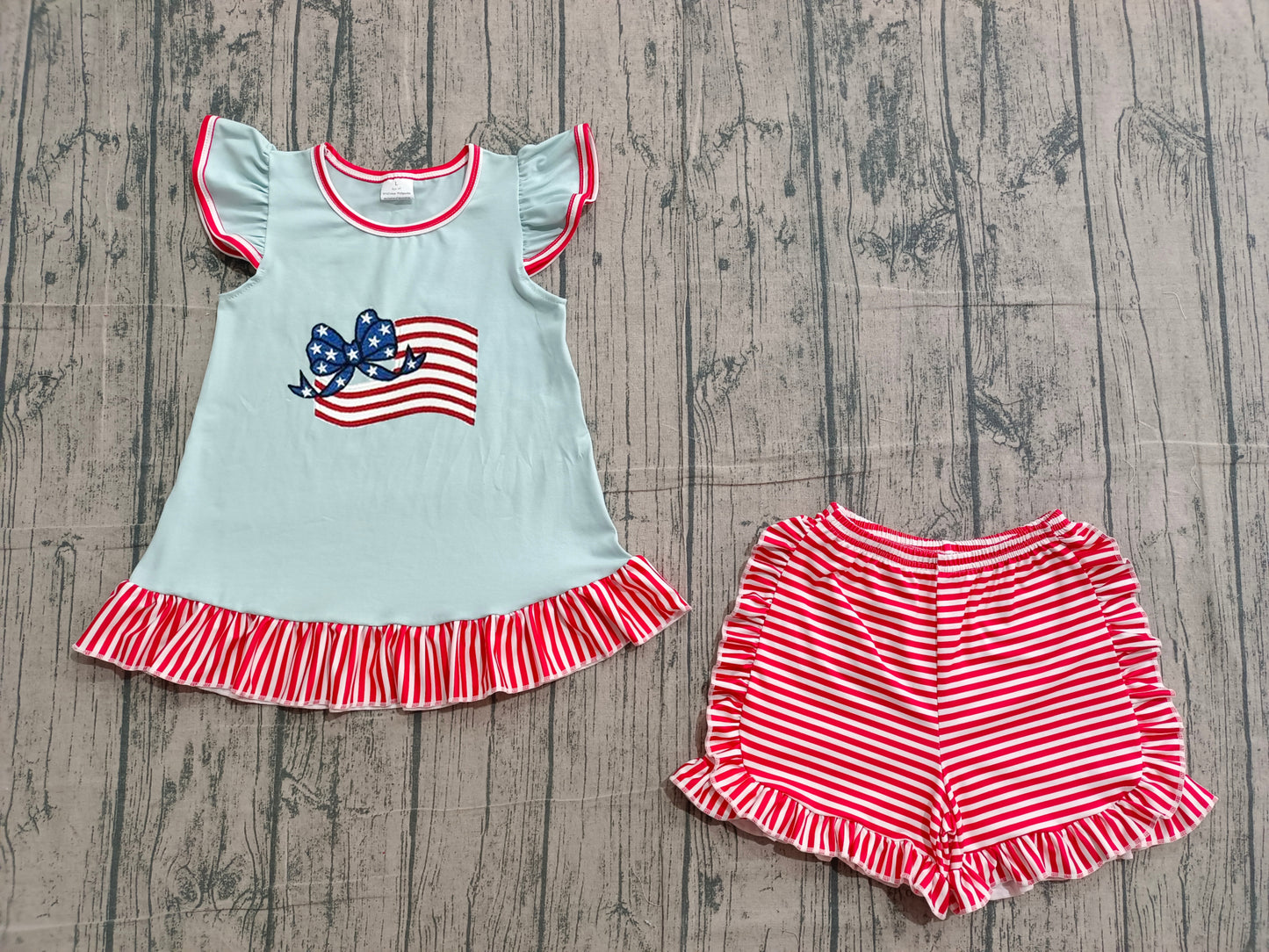 American flag embroidery  top matching shorts design baby girl summer outfit preorder