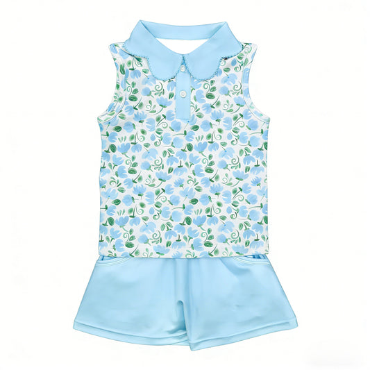 Blue floral top matching shorts girls summer outfit preorder