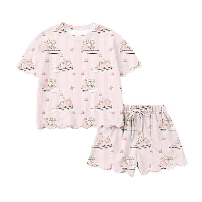 Pink shoes print top matching shorts girls summer outfit preorder