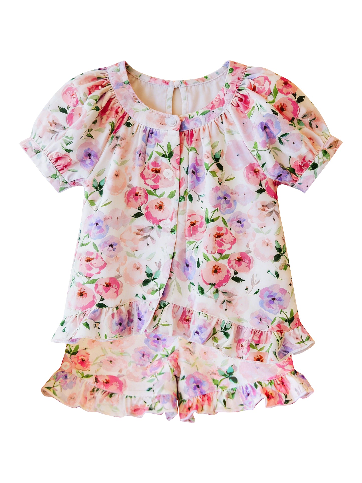 Pink flowers top matching shorts girl summer  set preorder