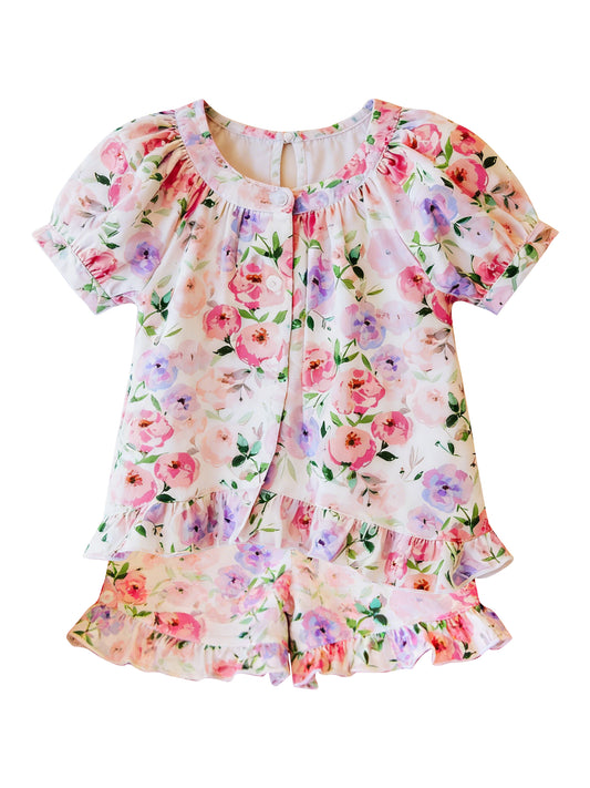 Pink flowers top matching shorts girl summer  set preorder