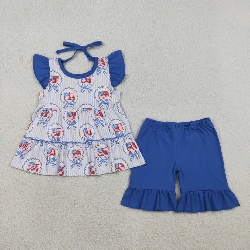 July 4th red bow top matching shorts girls outfit
